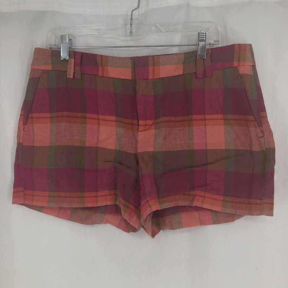 Loft Madras Plaid Pink Preppy Mid Rise Linen Blend Shorts 3.5” Sz 10